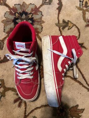 Platform Vans Red & White High-Top Skate Sneakers canvas